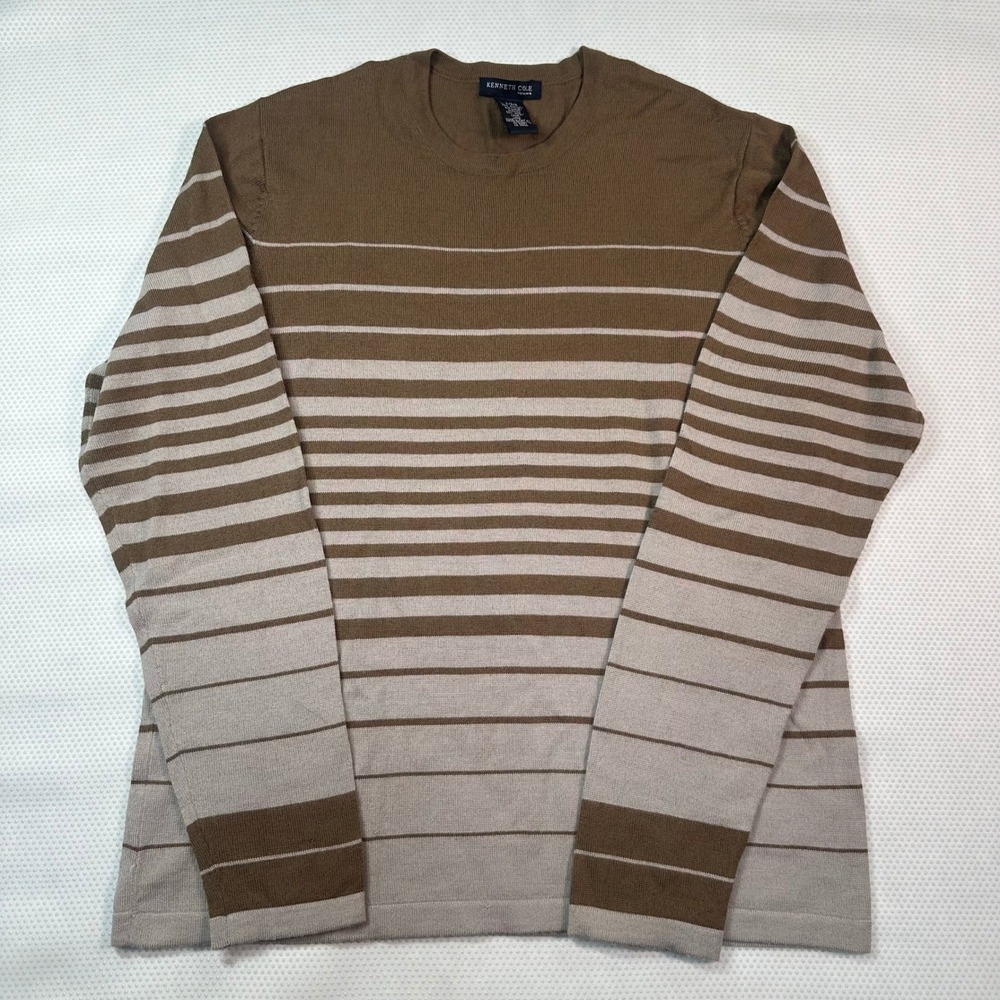 Kenneth Cole Sweater Mens Large Brown Striped Wool Blend Crewneck Excellent